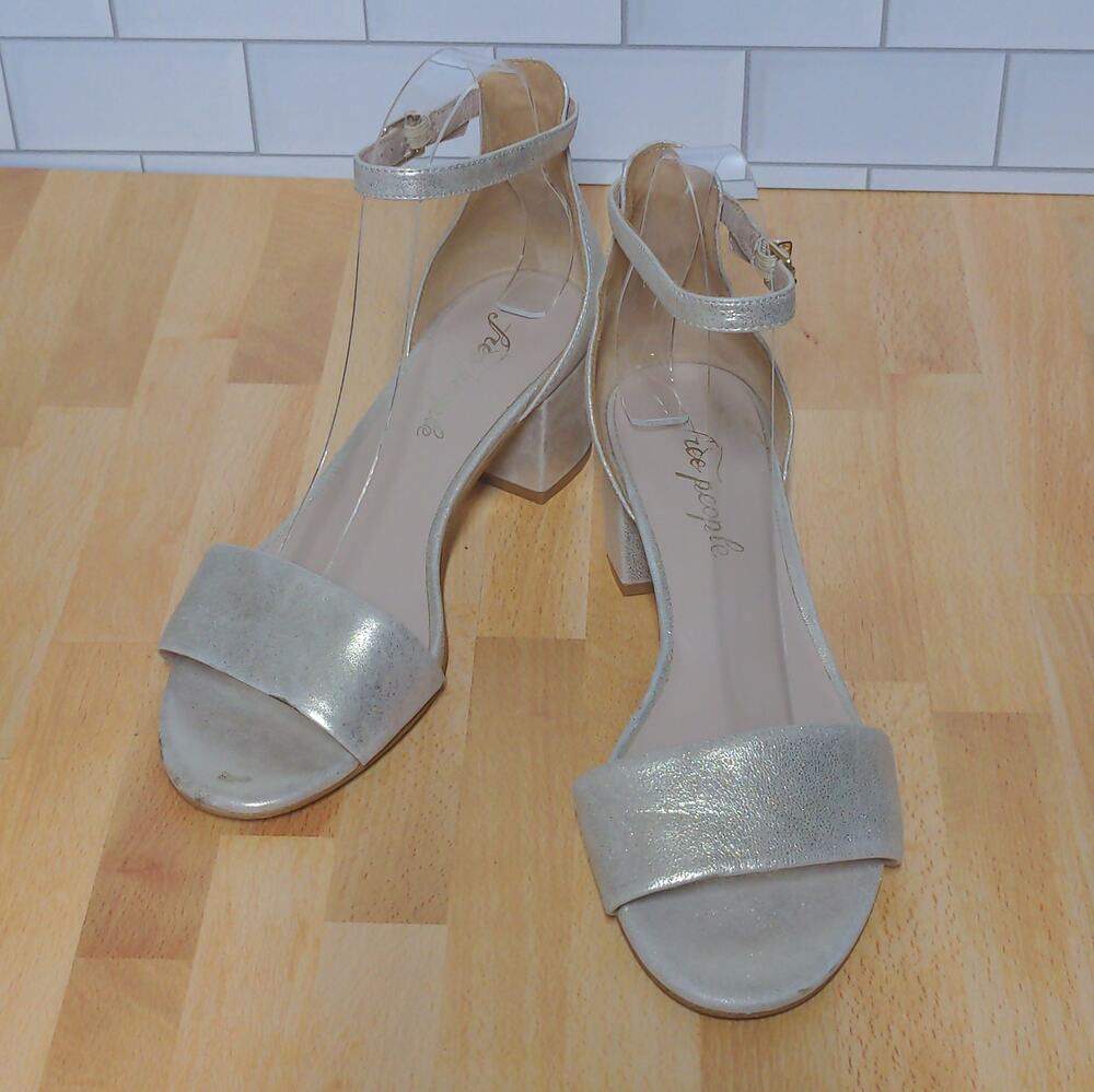 Free People Marigold Sandal Ankle Block Heel Suede Leather Shimmer 38 (US 8)